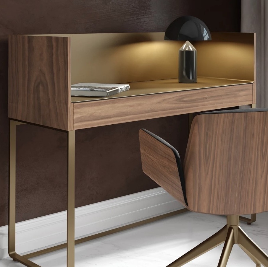 Tendance Mocha Mousse bureau en bois foncé pieds métal doré