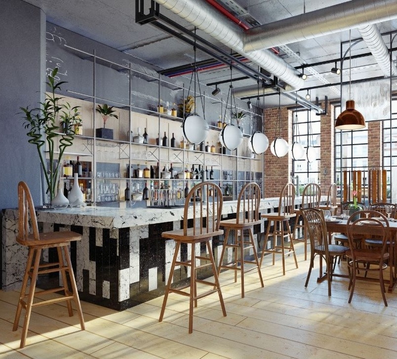 agencement restaurant industriel avec comptoir bar ouvert