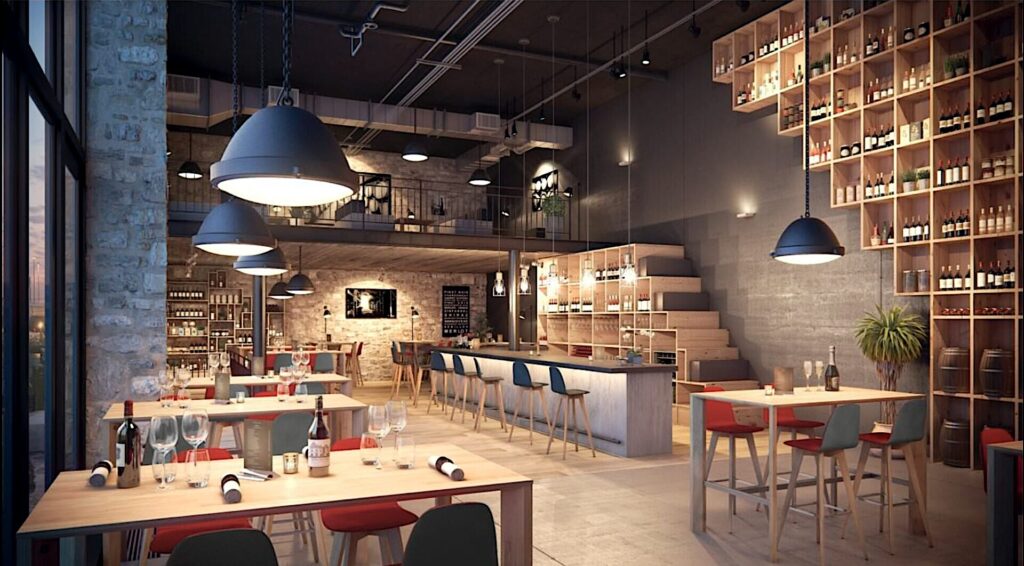 agencement restaurant avec rangements intégrés aux murs et mezzanine pour optimiser l'espace