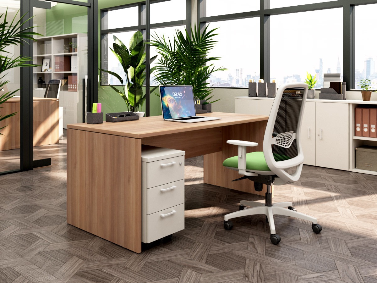 bureau classique infividuel en bois dans open space verdoyant